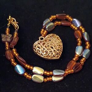 Gold Heart Filigree Pendant Bead Necklace in Amber & Iridescent Blue